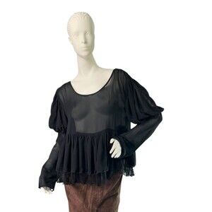 Marrika Nakk Black Sheer Chiffon & Lace Peasant Blouse Puff Sleeve Ruffled Hem M